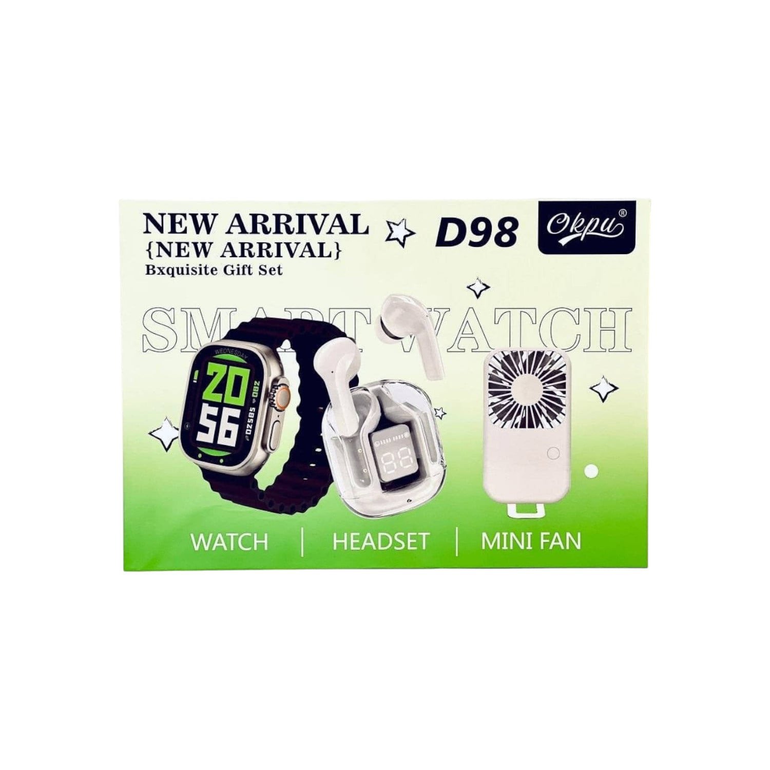 Okpu D98 – Pack 3-en-1 : Montre Connectée + Écouteurs Sans Fil + Mini Ventilateur