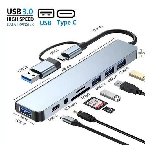 Station d'accueil USB-C 8 ports – 2 USB 3.0 – Hub OTG – Adaptateur